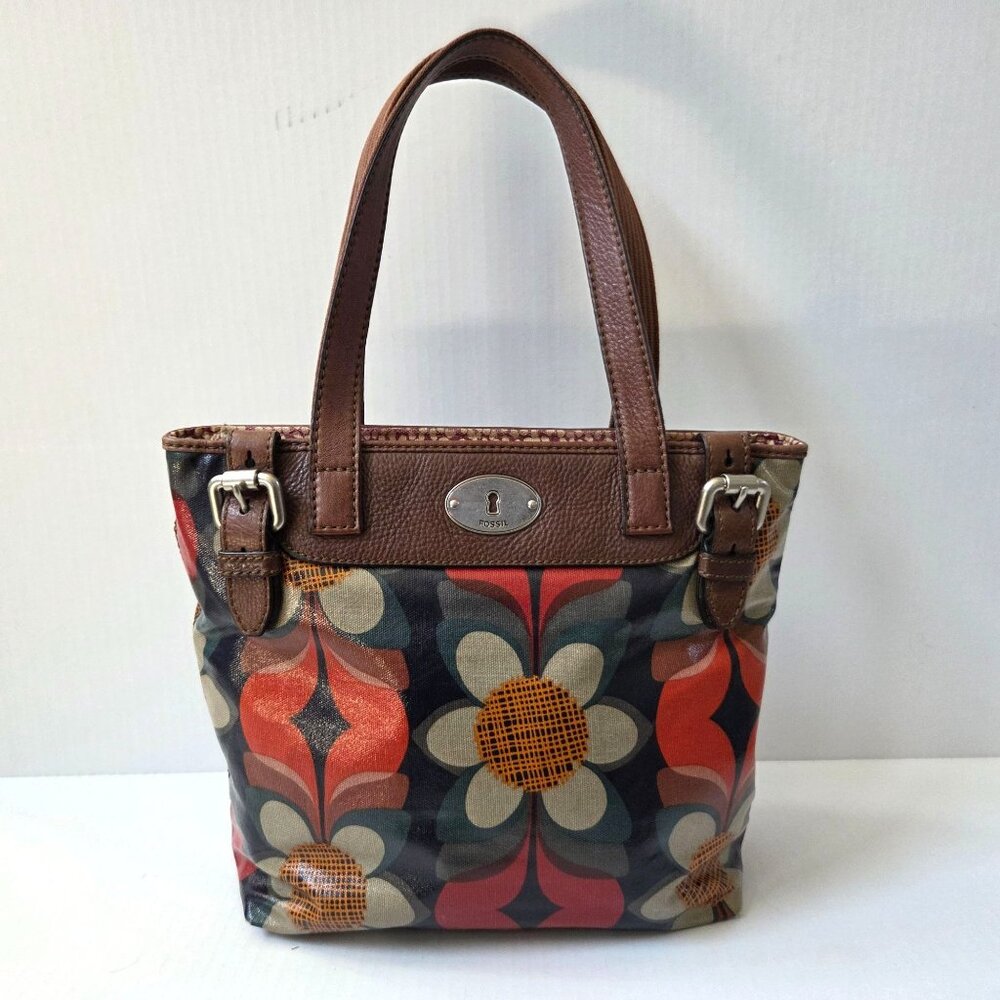 Fossil Tote Red Mod Floral Coated Canvas Keyper B… - image 2